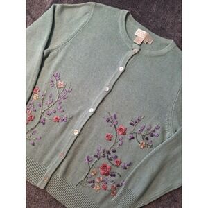 Maurada Embroidered Button Up Cardigan Sweater Womens M Seafoam Green Floral...